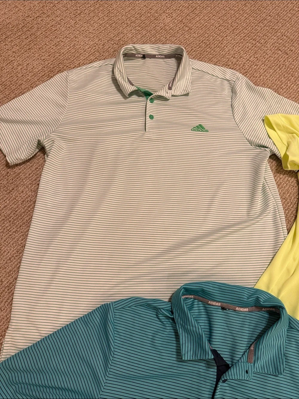 Men’s lot of 3 Adidas Polo shirts green blue yellow Sz Large silky nice!